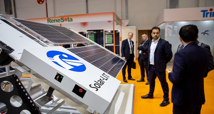 A solar panel on display at World Future Energy Summit