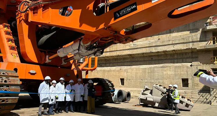 Debmarine Namibia unveils advanced crawler systems on MV Benguela Gem, enhancing offshore diamond recovery operations. (Image source: Debmarine Namibia) Debmarine_Namibia's_team_with_crawler_technology