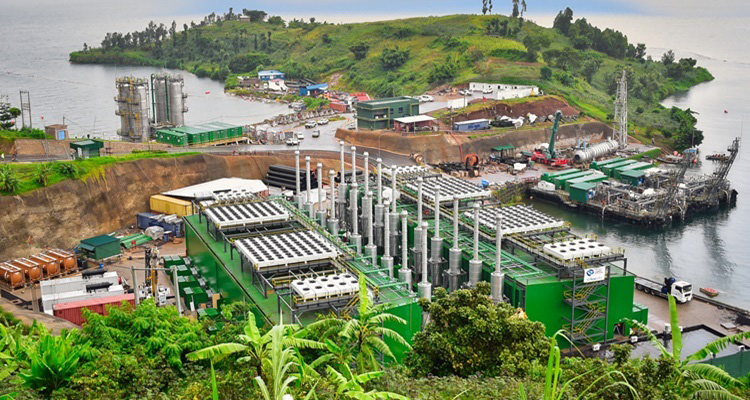 A wide shot of the power plant on Lake Kivu. 
